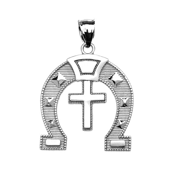 Sterling Silver Religious Cross Horse Shoe Good luck Pedant Necklace