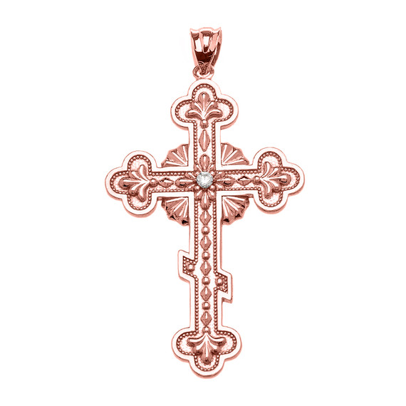 Rose Gold Elegant Eastern Orthodox Diamond Cross Pendant Necklace