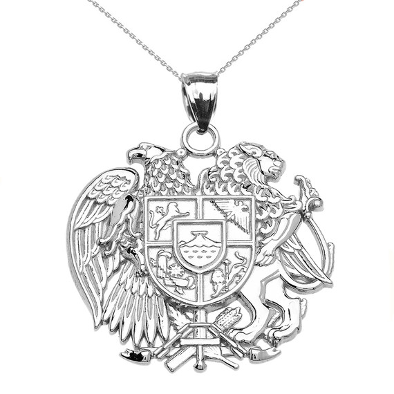 White Gold Armenian National Coat of Arms Eagle and Lion Pendant Necklace