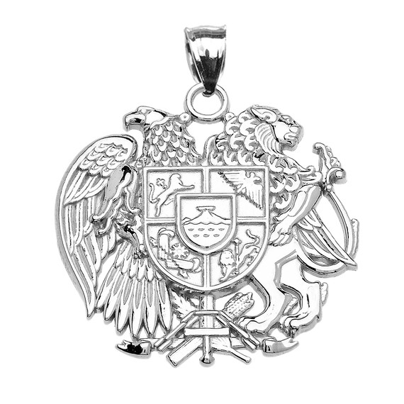 White Gold Armenian National Coat of Arms Eagle and Lion Pendant Necklace