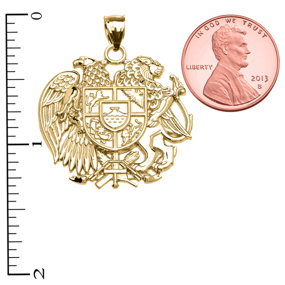 Yellow Gold Armenian National Coat of Arms Eagle and Lion Pendant Necklace