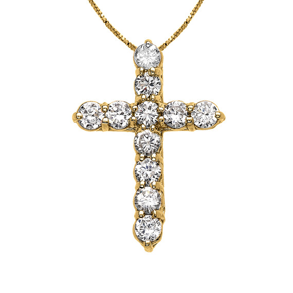 Elegant Yellow Gold 3 Carat Round Cubic Zirconia Small Cross Pendant Necklace