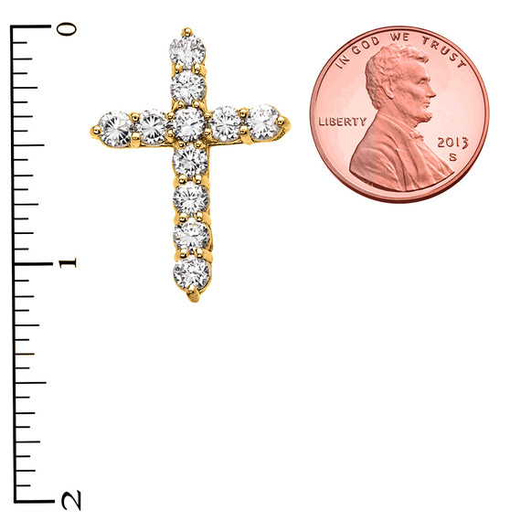 Yellow Gold Elegant 4 Carat Round Cubic Zirconia Cross Pendant Necklace (Medium)