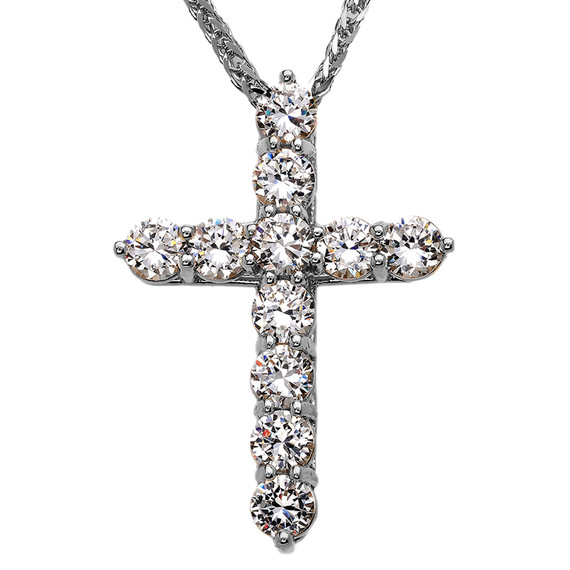 White Gold Elegant 12 Carat Round Cubic Zirconia Cross Pendant Necklace (Extra Large)