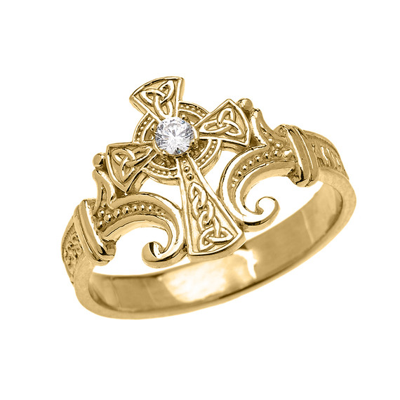 Gold Solitaire Cubic zirconia Celtic Cross with Encrypted Prayer Blessings Elegant Ring