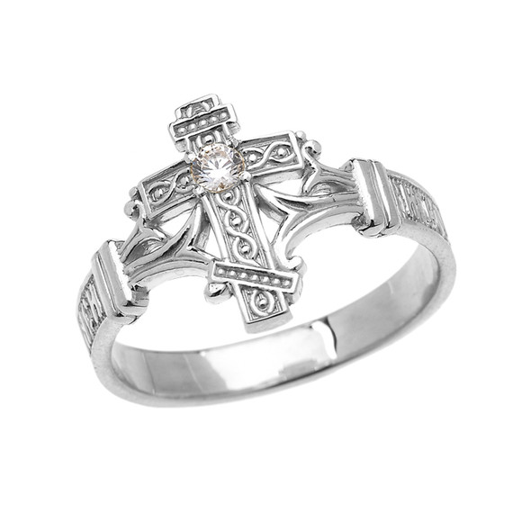 White Gold Solitaire Cubic Zirconia Orthodox Cross with Encrypted Russian Prayer Elegant Ring