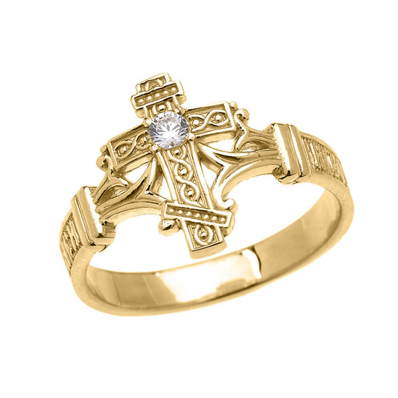 Gold Solitaire Cubic Zirconia Orthodox Cross with Encrypted Russian Prayer Elegant Ring