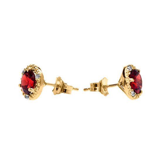 14K Gold Halo Stud Earrings with Solitaire Garnet and Diamonds(Available In Yellow/White Gold)
