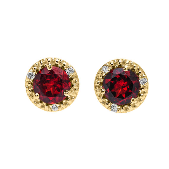 14K Gold Halo Stud Earrings with Solitaire Garnet and Diamonds(Available In Yellow/White Gold)