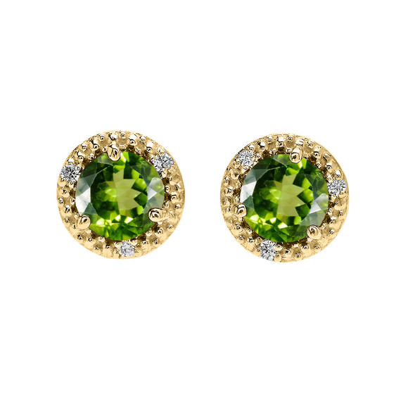 14K Gold Halo Stud Earrings with Solitaire Peridot and Diamonds(Available in Yellow/White Gold)