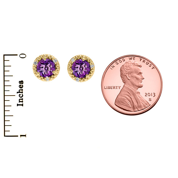 14k Gold Halo Stud Earrings with Solitaire Amethyst and Diamonds(Available in Yellow/Rose/White Gold)