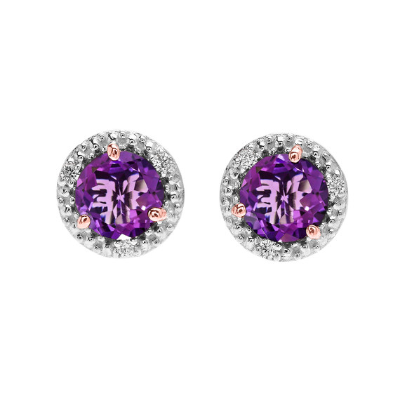 Halo Stud Earrings in Two Tone Rose Gold with Solitaire Amethyst and Diamonds