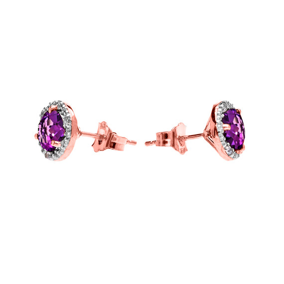 Halo Stud Earrings in Two Tone Rose Gold with Solitaire Amethyst and Diamonds