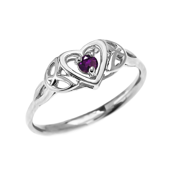 Trinity Knot Heart Solitaire Amethyst White Gold Proposal Ring