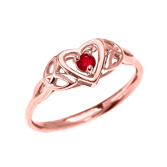Trinity Knot Heart Solitaire Ruby Rose Gold Proposal Ring