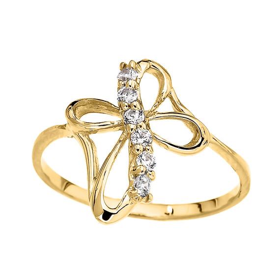 (Yellow,Rose,White) Gold Dainty Cubic Zirconia Modern Cross Ring