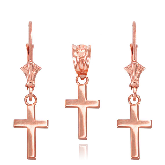 14k Yellow Gold Smooth Mini Cross Necklace Earring Set(Available in Yellow/Rose/White Gold)