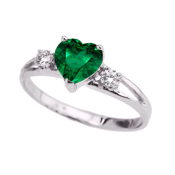 White Gold White Topaz And  (LCE) Emerald Heart Proposal/Promise Ring