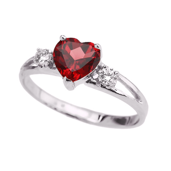 White Gold Heart (LCR) Ruby And White Topaz Proposal/Promise Ring