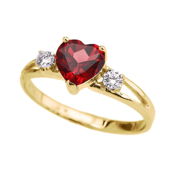 Yellow Gold Heart (LCR) Ruby And White Topaz Proposal/Promise Ring