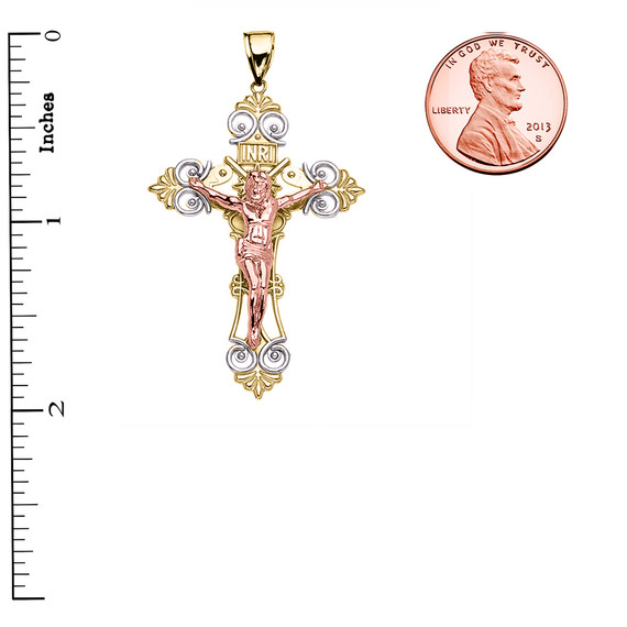 Tri-Color Yellow Gold INRI Crucifix Pendant Necklace (Medium)