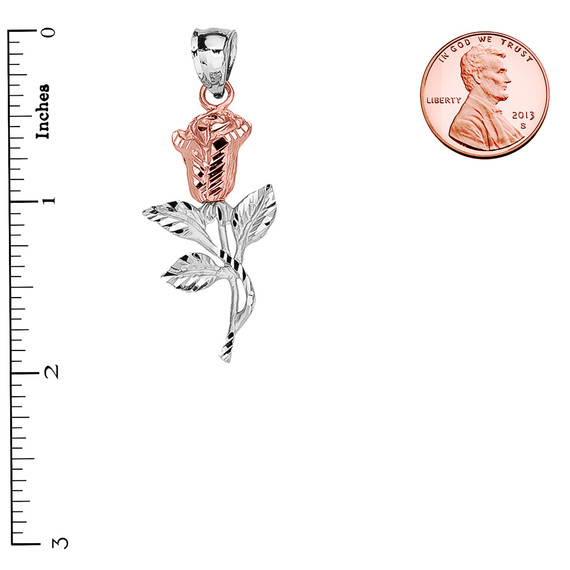 Two-Tone Rose/White Gold Diamond Cut Rose Flower Pendant measurement