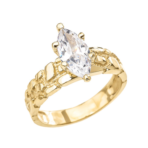 Yellow Gold 2.5 Carat Marquise CZ Solitaire Nugget Engagement Ring
