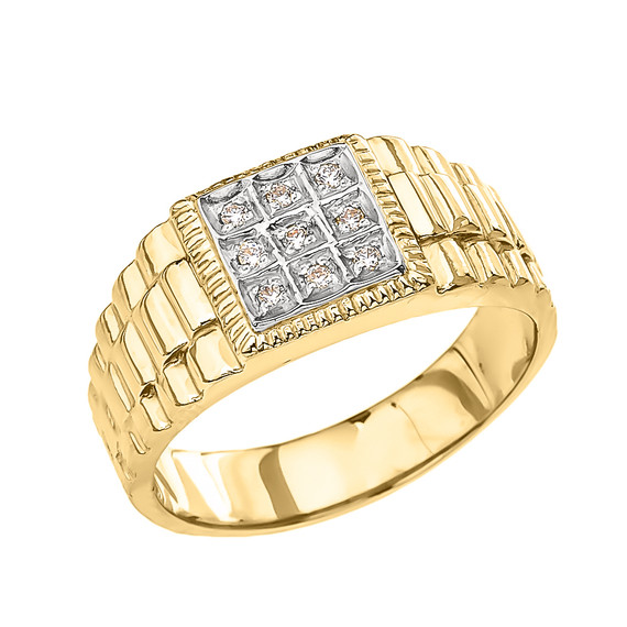 Yellow Gold Diamond Watch Band Design Men's Ring