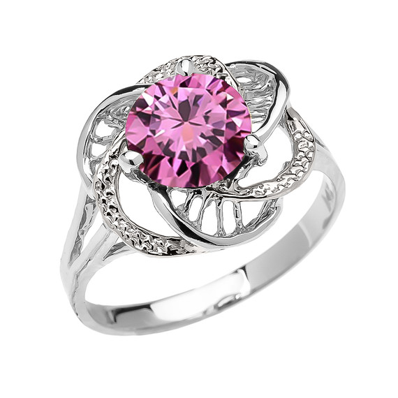 White Gold Pink CZ Solitaire Modern Flower Ladies Ring