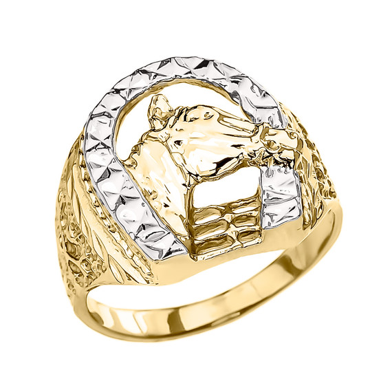 Two-tone Yellow Gold Horseshoe with Horse Head Ring