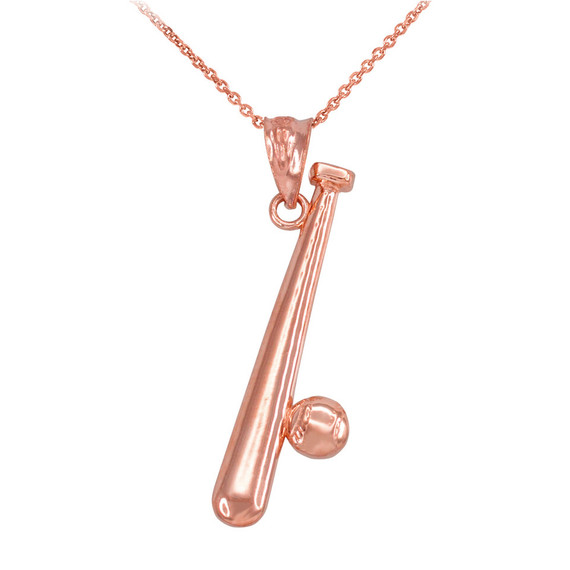 Solid Gold Polished  Baseball and Bat Pendant Necklace (Available in Yellow/Rose/White Gold)