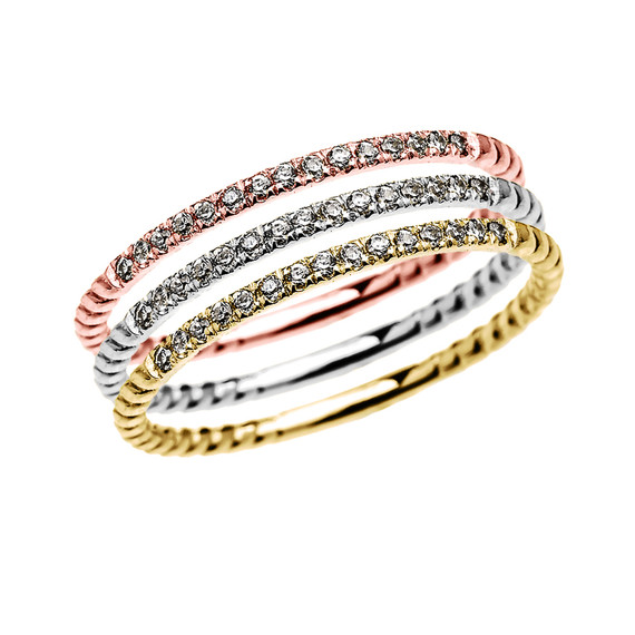 Dainty Tri Color Gold Diamond Stackable Rings With Rope Design Band