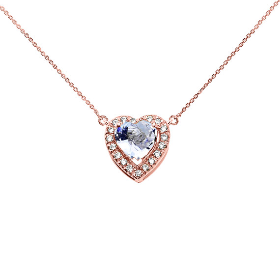 Elegant Rose Gold Diamond and March Birthstone Aquamarine Heart Solitaire Necklace