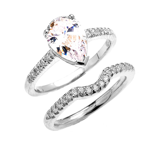 White Gold Dainty Diamond Wedding Ring Set With 3 Carat Pear Shape Cubic Zirconia Center Stone