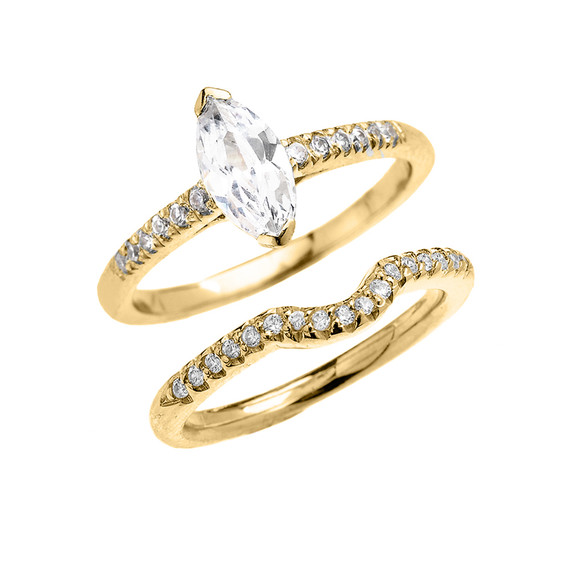 Yellow Gold Dainty Diamond Wedding Ring Set With 1.25 Carat Marquise Shape Cubic Zirconia Center Stone