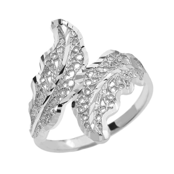 White Gold Diamond Cut Filigree Wreath Leaf Ring