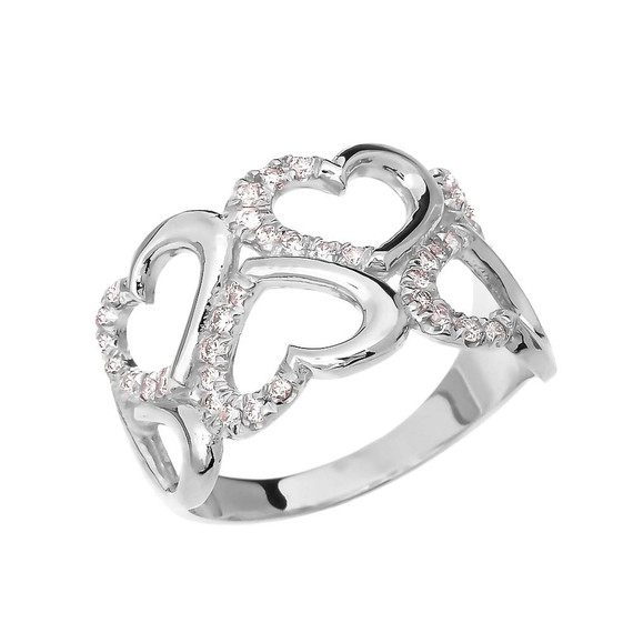 White Gold Fancy Elegant Open Hearts Micro Set Diamond Promise Ring