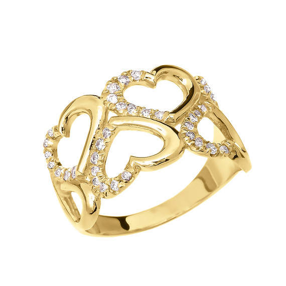 Yellow Gold Fancy Elegant Open Hearts Micro Set Diamond Promise Ring