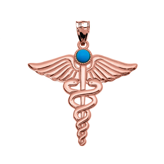 Rose Gold Turquoise "Caduceus"  Medical Pendant Necklace