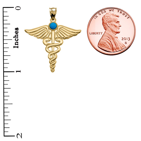 Yellow Gold Turquoise "Caduceus"  Medical Pendant Necklace