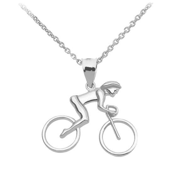 White Gold Woman Cyclist Pendant Necklace