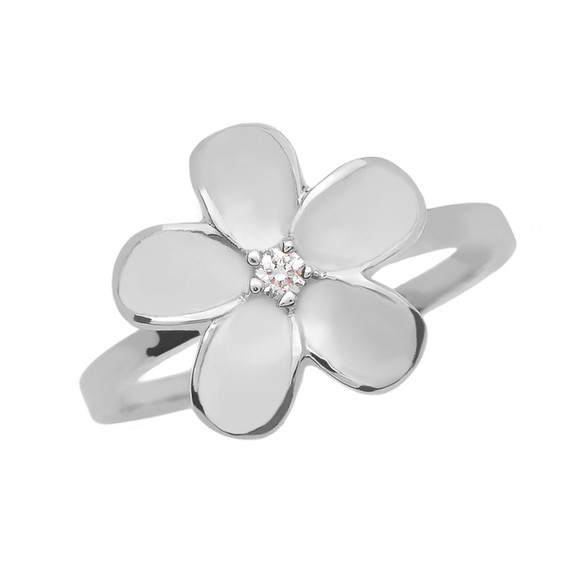 White Gold Diamond Hawaiian Plumeria Flower Petal Ring