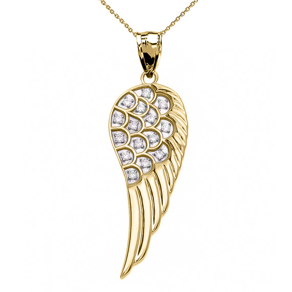 Elegant Yellow Gold CZ Angel Wing Pendant Necklace