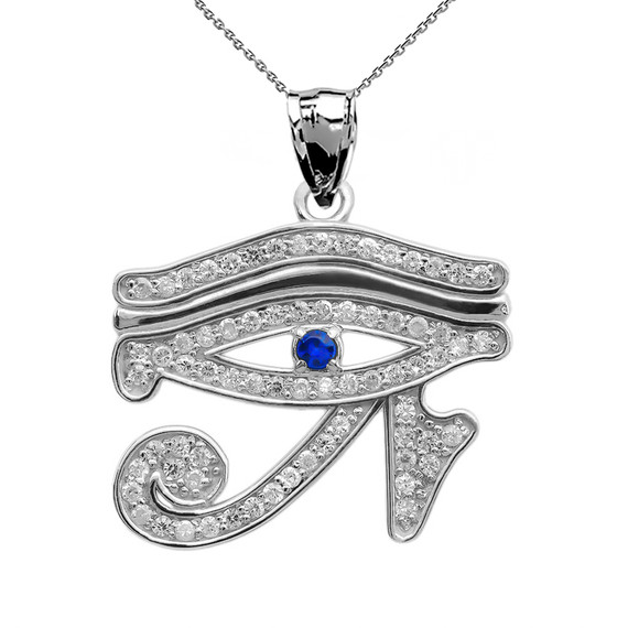 White Gold Diamond Studded Egyptian Eye of Horus Wadjet Blue Sapphire Pendant Necklace