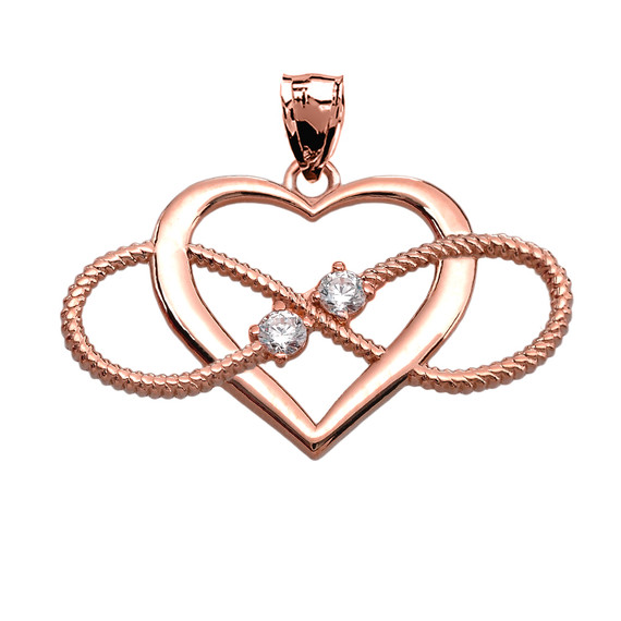 Heart and Infinity Rose Gold and CZ Rope Design Pendant Necklace