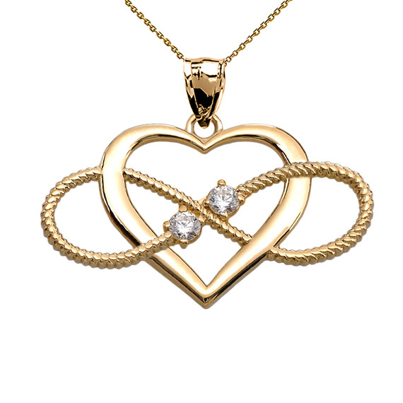 Heart and Infinity Yellow Gold and CZ  Rope Design Pendant Necklace