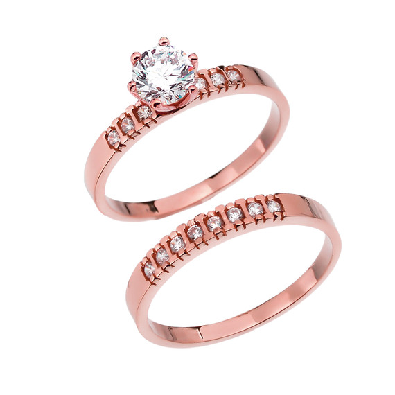 Diamond Rose Gold Engagement And Wedding Ring Set With 1 Carat White Topaz Center stone