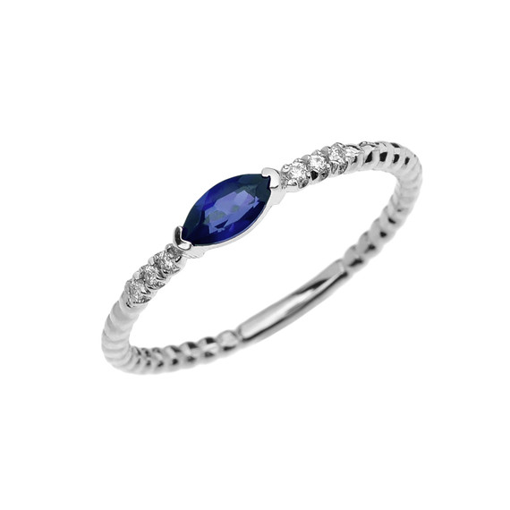 Diamond and Sapphire Marquise Solitaire Beaded Band Proposal/Stackable White Gold Ring
