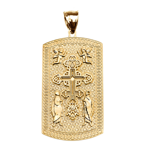 Russian Orthodox Cross Gold Engraveable Dog Tag Pendant Necklace (Available in Yellow/Rose/White Gold)