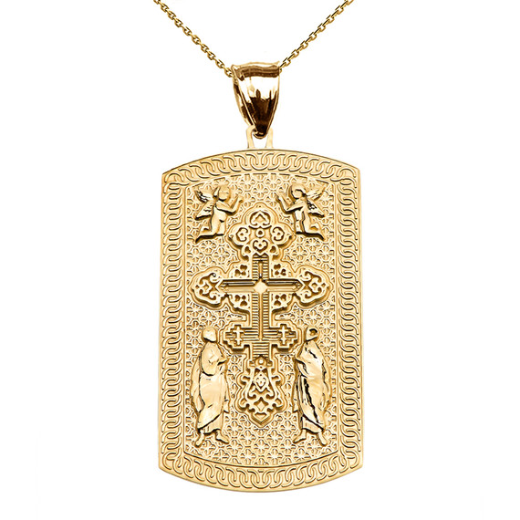Russian Orthodox Cross Gold Engraveable Dog Tag Pendant Necklace